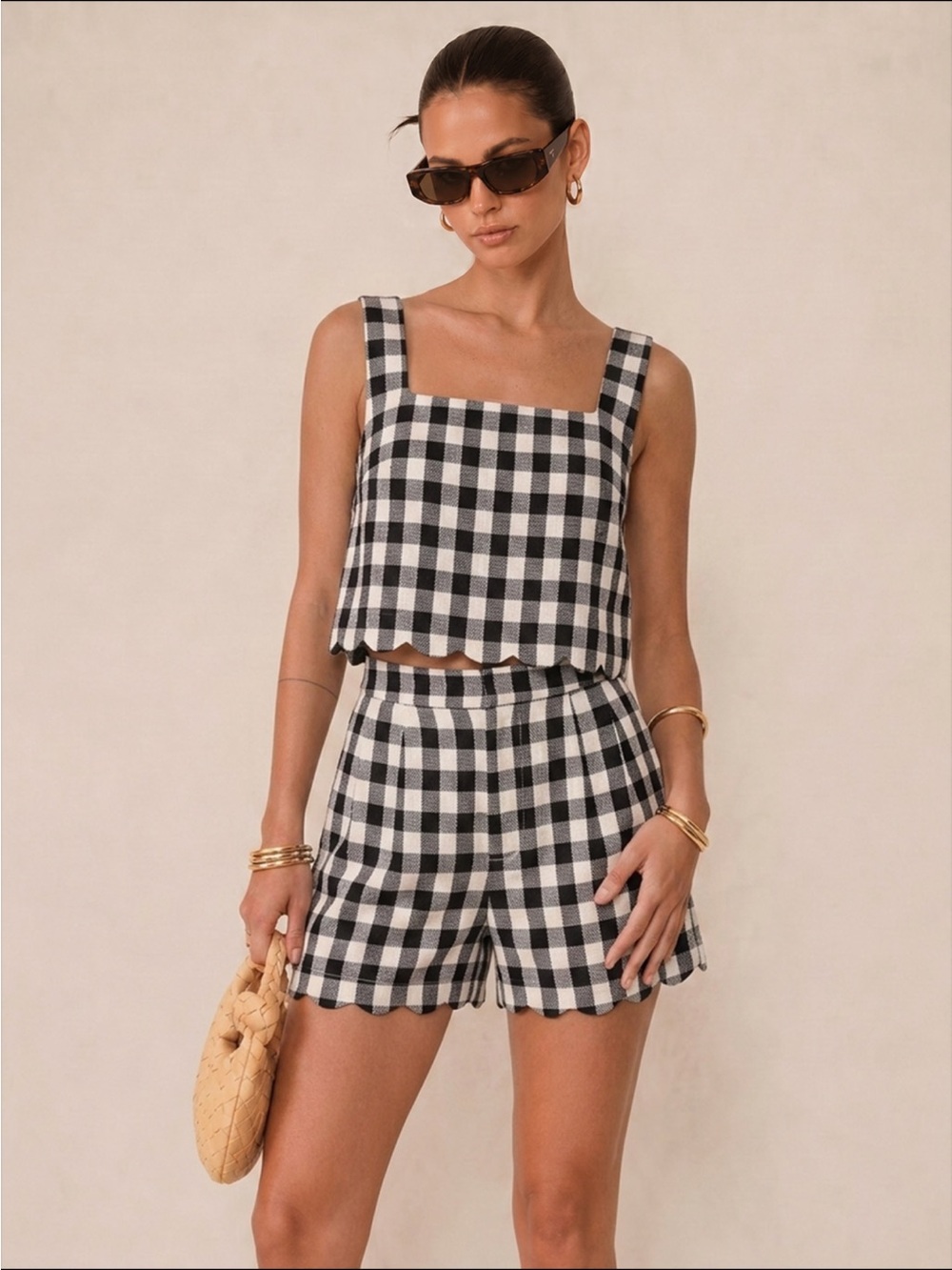 Commense Black Gingham Scallop-Hem High Waist Short Set